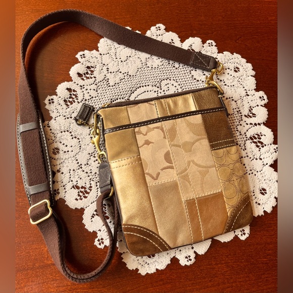 Coach Patchwork Suede and Leather Crossbody Bag in Brown and Gold EUC - Picture 1 of 9